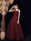 Burgundy Tulle Sequin Long Prom Dress Burgundy Tulle Formal Dress