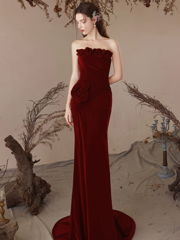 Mermaid Velvet Burgundy Long Prom Dress, Burgundy Evening Dress