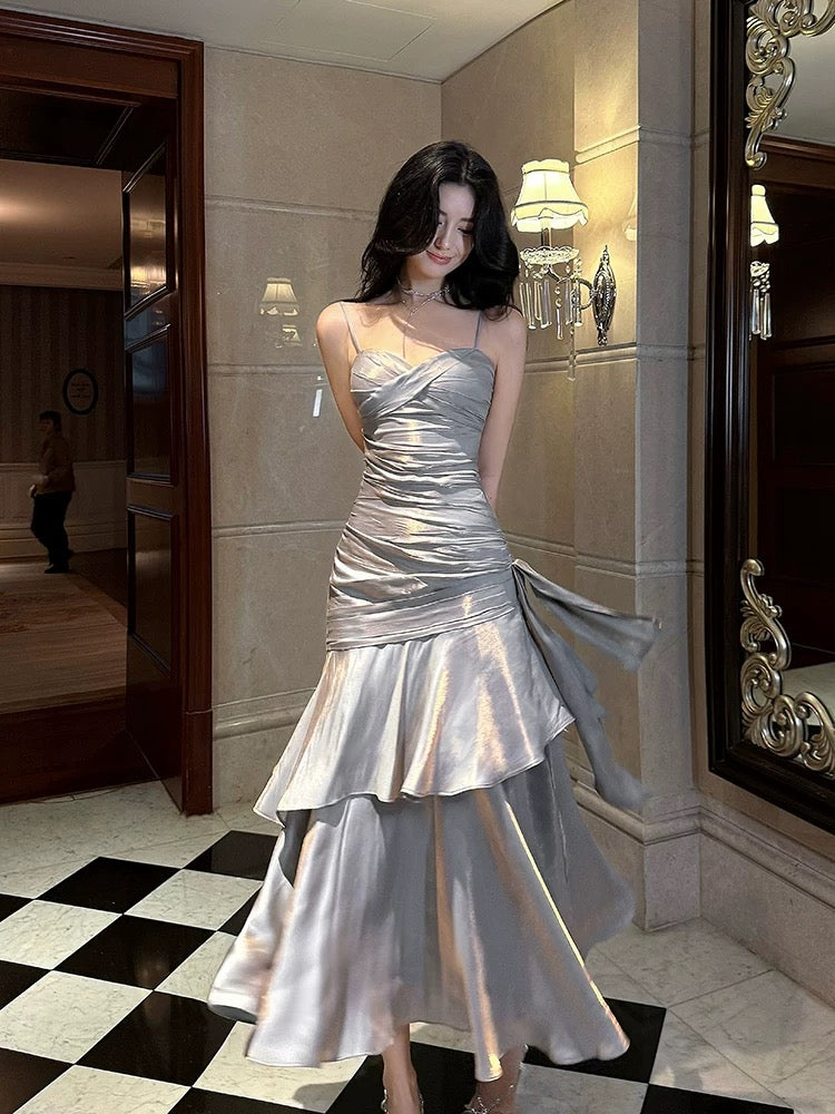 A-Line Sweetheart Neck Satin Gray Long Prom Dress