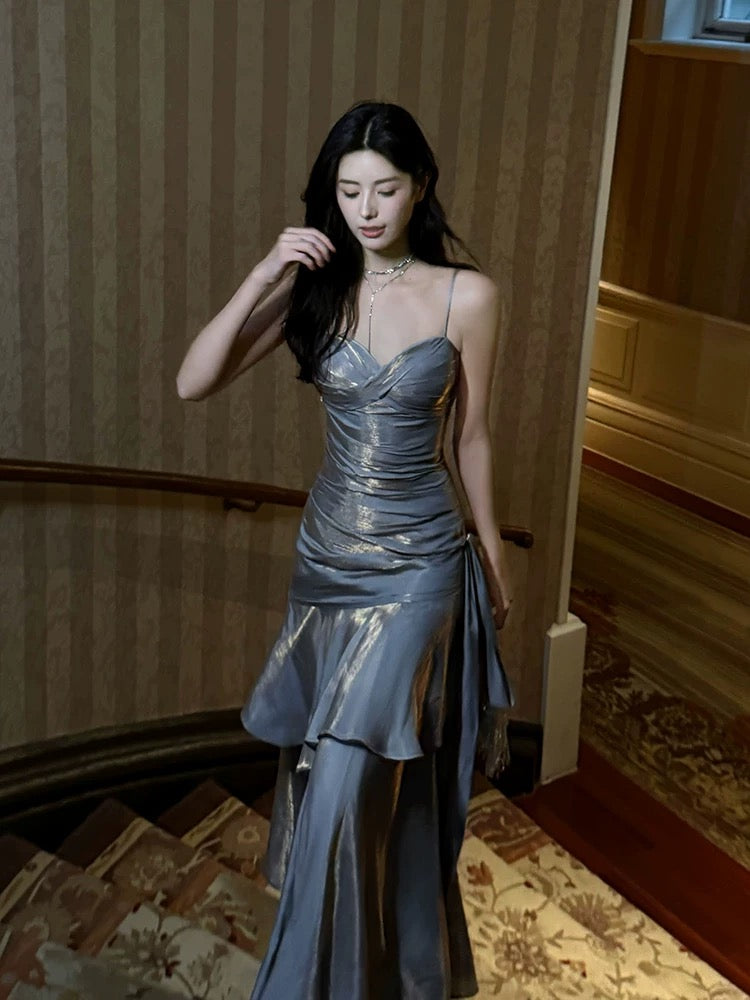 A-Line Sweetheart Neck Satin Gray Long Prom Dress