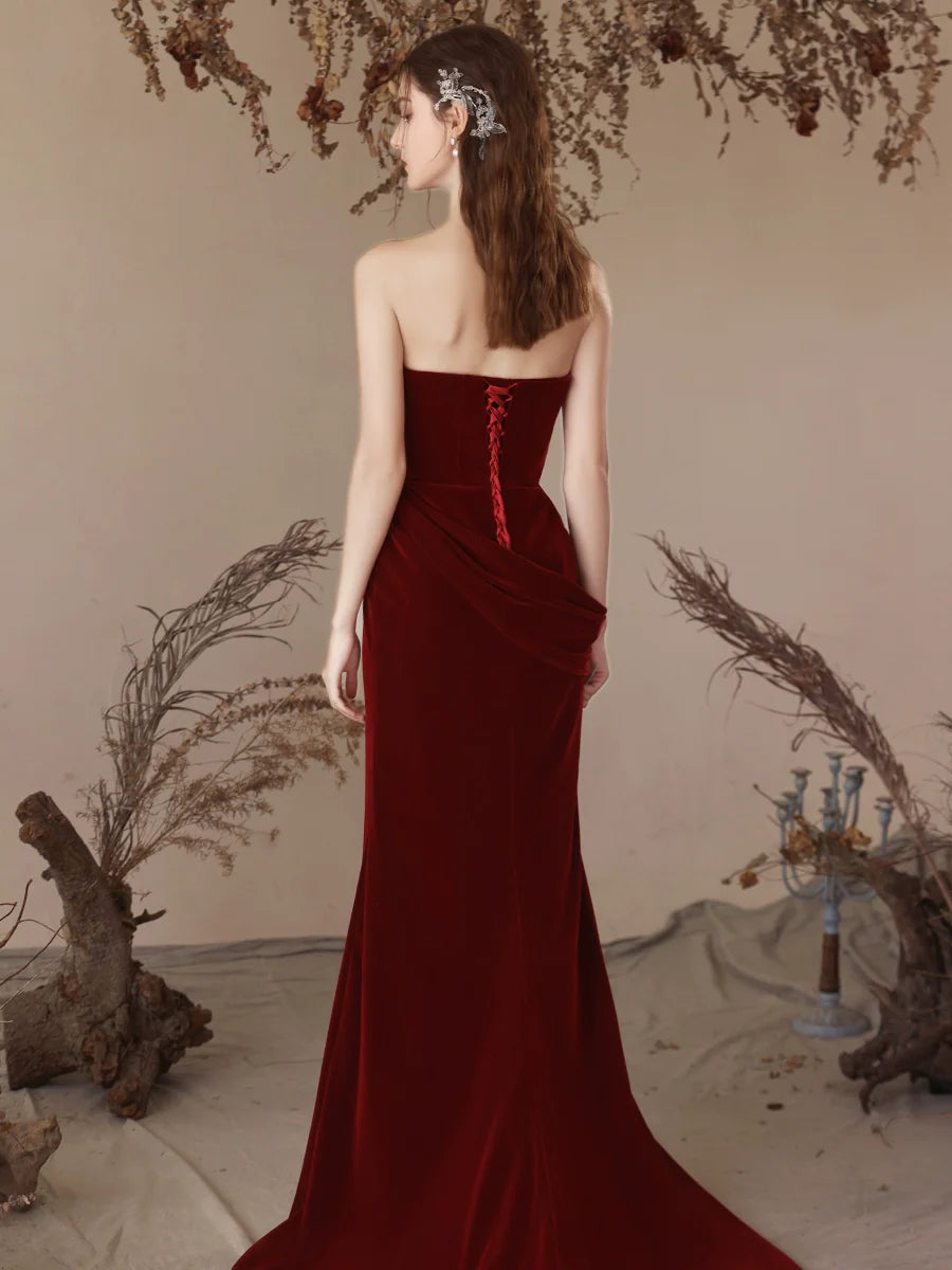Mermaid Velvet Burgundy Long Prom Dress, Burgundy Evening Dress