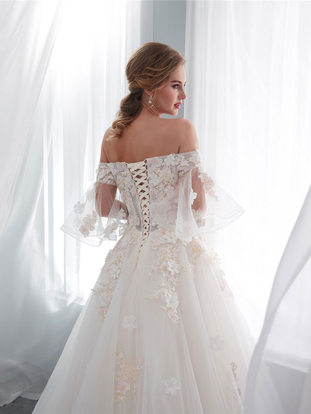 Ivory Long Lace Wedding Dress, Ivory Tulle Lace Wedding Gown
