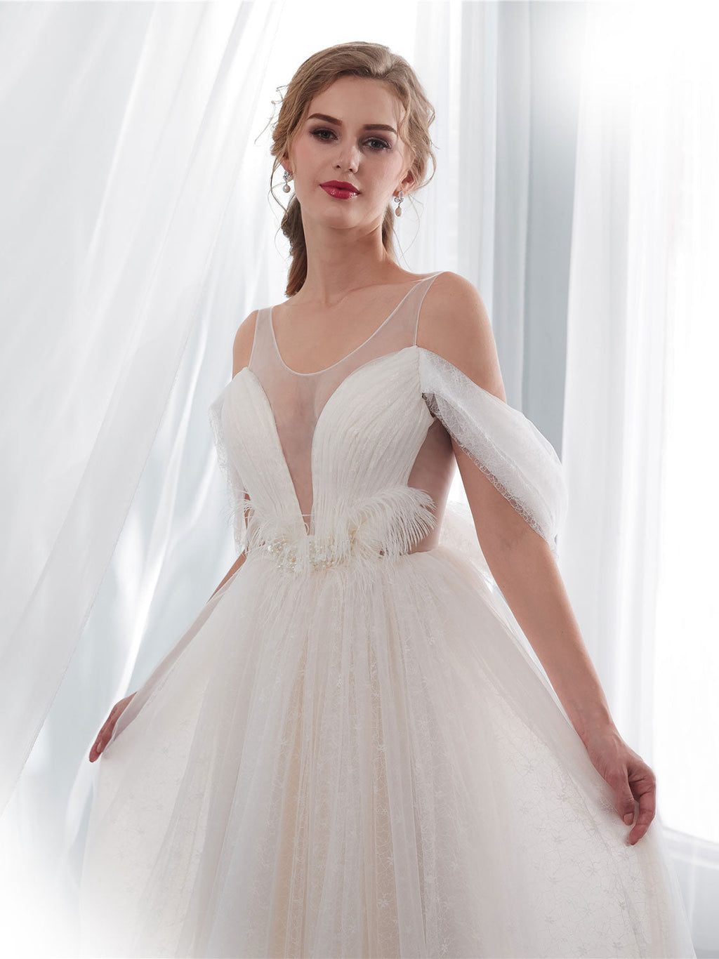 Light Champagne Tulle Lace Long Beach Wedding Dress Bridal Dresses