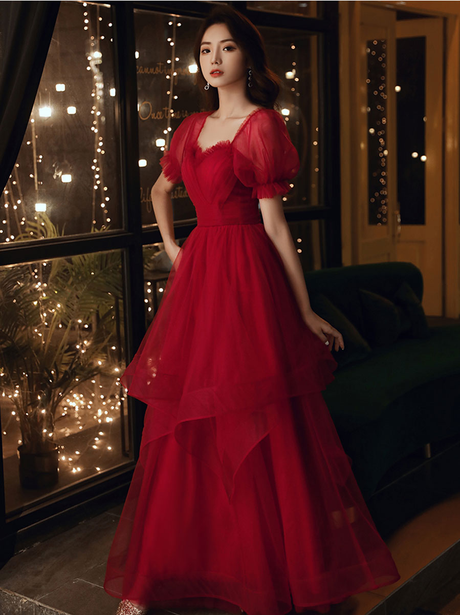Simple A line Tulle Long Prom Dress Burgundy Tulle Formal Dress