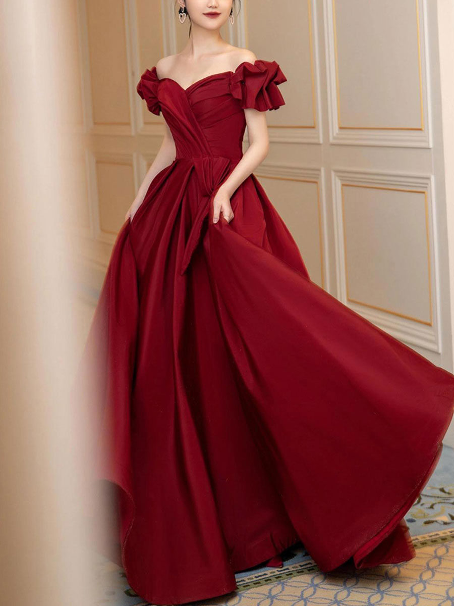 Simple Burgundy Satin Long Prom Dress, Burgundy Bridesmaid Dress