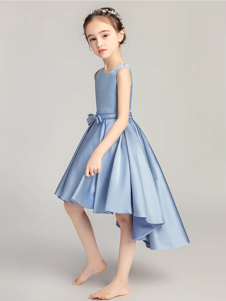A-Line Round Neck High Low Satin Blue Short Flower Girl Dress