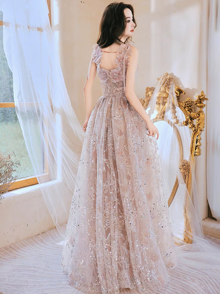 A-Line Tulle Lace Pink Long Prom Dress, Lace Pink Long Evening Dress