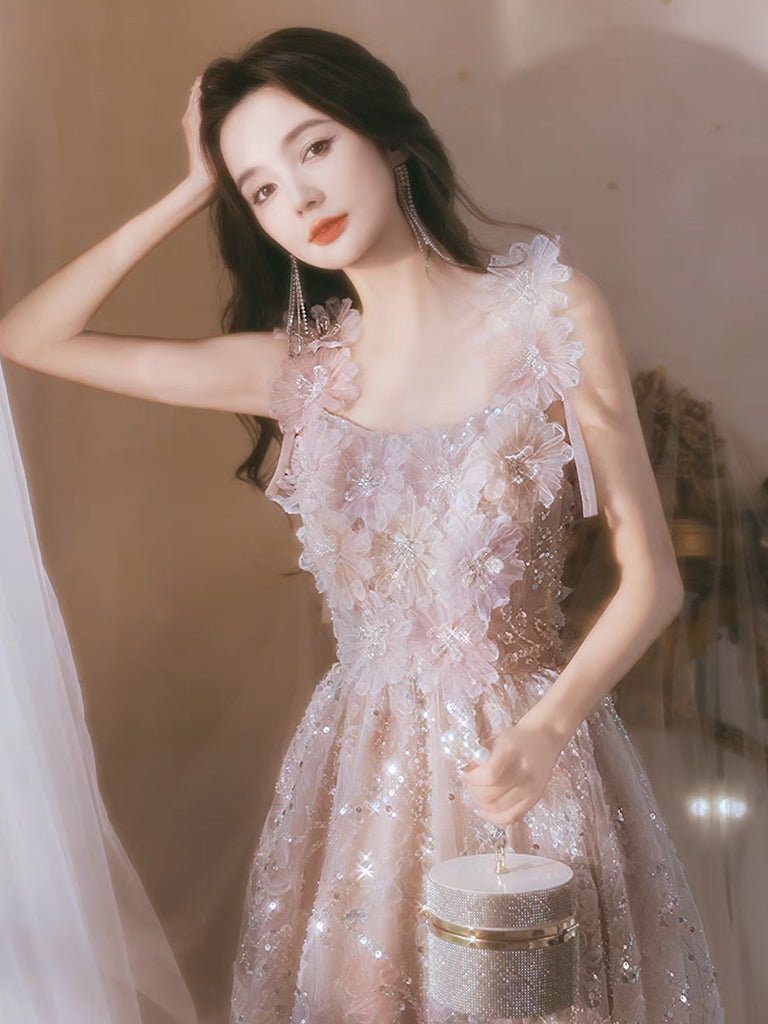 A-Line Tulle Lace Pink Long Prom Dress, Lace Pink Long Evening Dress