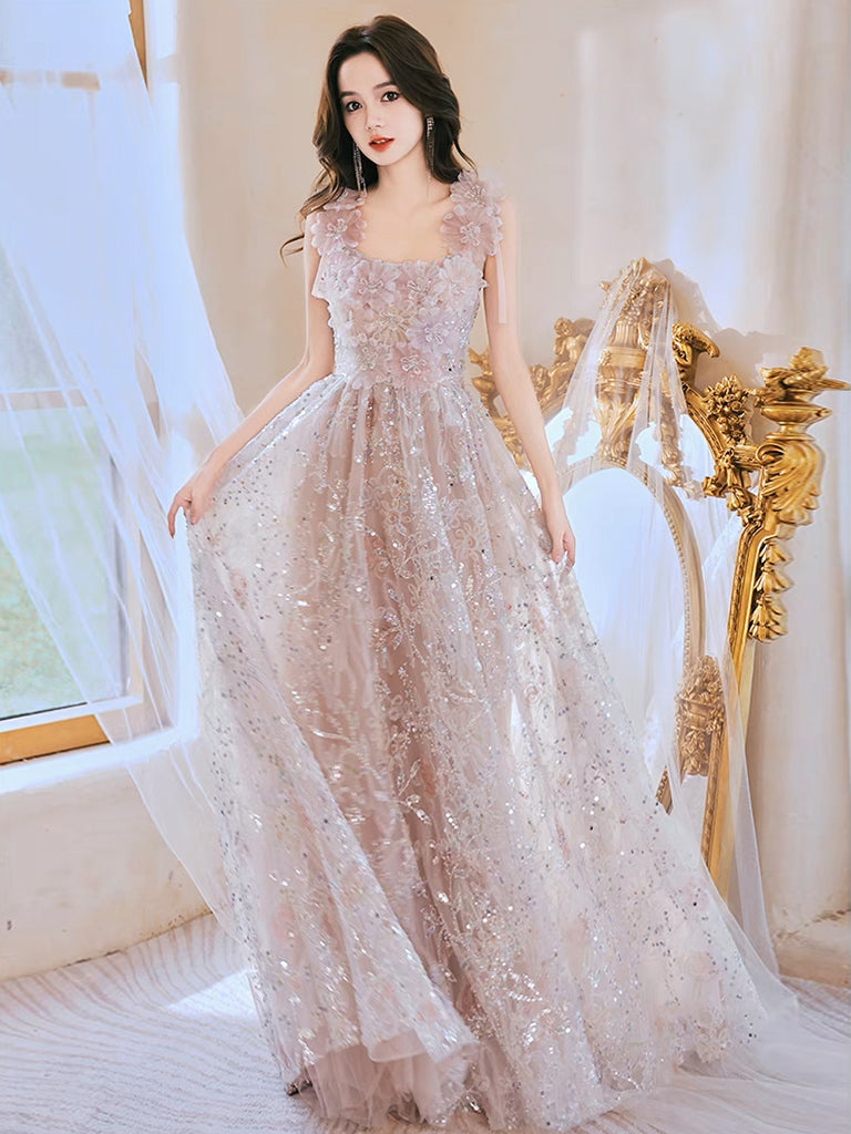 A-Line Tulle Lace Pink Long Prom Dress, Lace Pink Long Evening Dress