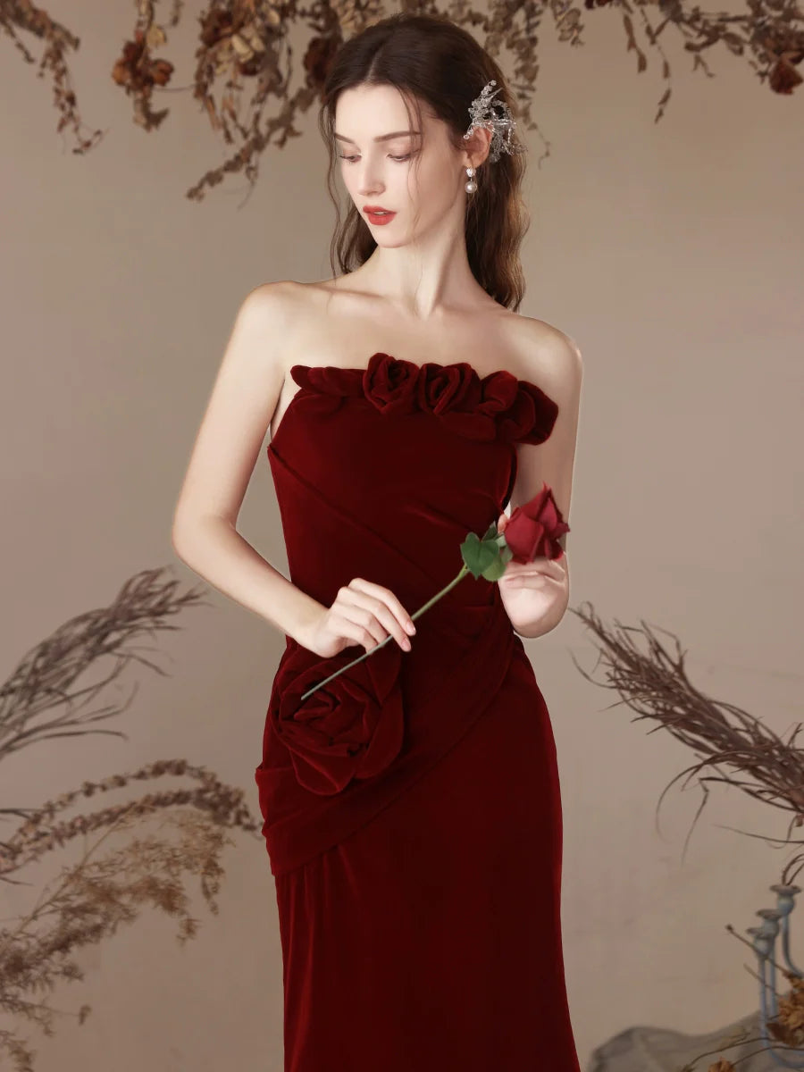 Mermaid Velvet Burgundy Long Prom Dress, Burgundy Evening Dress