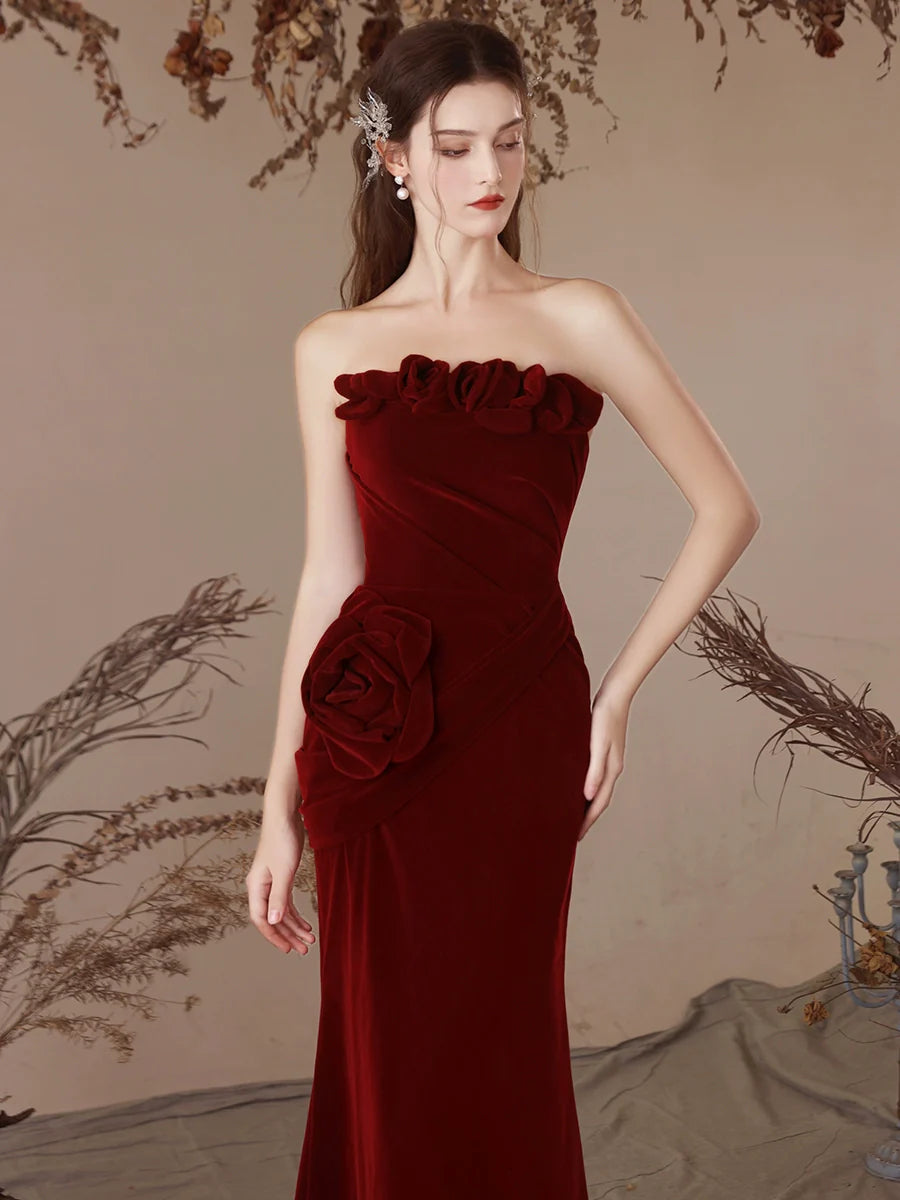 Mermaid Velvet Burgundy Long Prom Dress, Burgundy Evening Dress