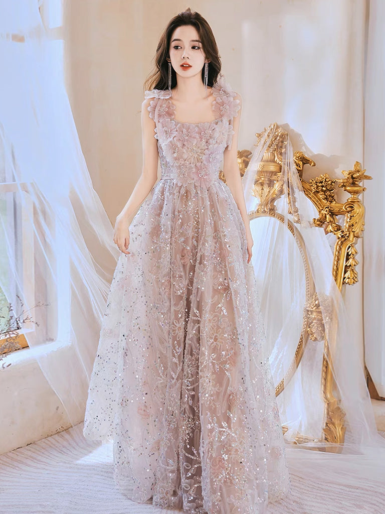 A-Line Tulle Lace Pink Long Prom Dress, Lace Pink Long Evening Dress