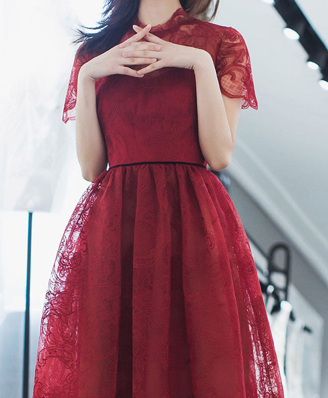 Burgundy Lace Short Prom Dress, Burgundy Evening Dress
