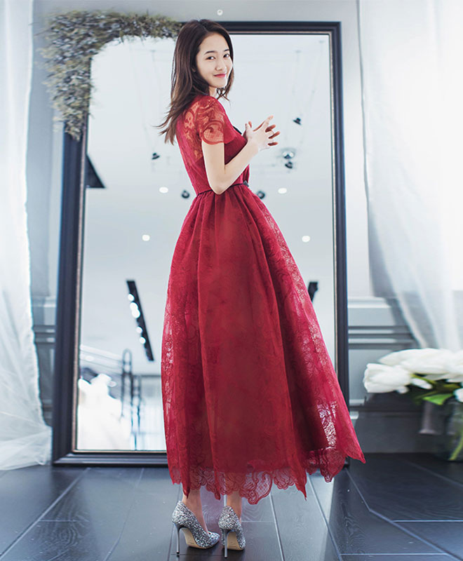 Burgundy Lace Short Prom Dress, Burgundy Evening Dress