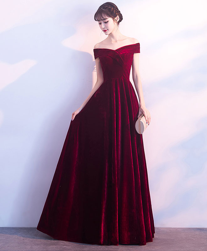 Burgundy V Neck Velvet Long Prom Dress, Evening Dress