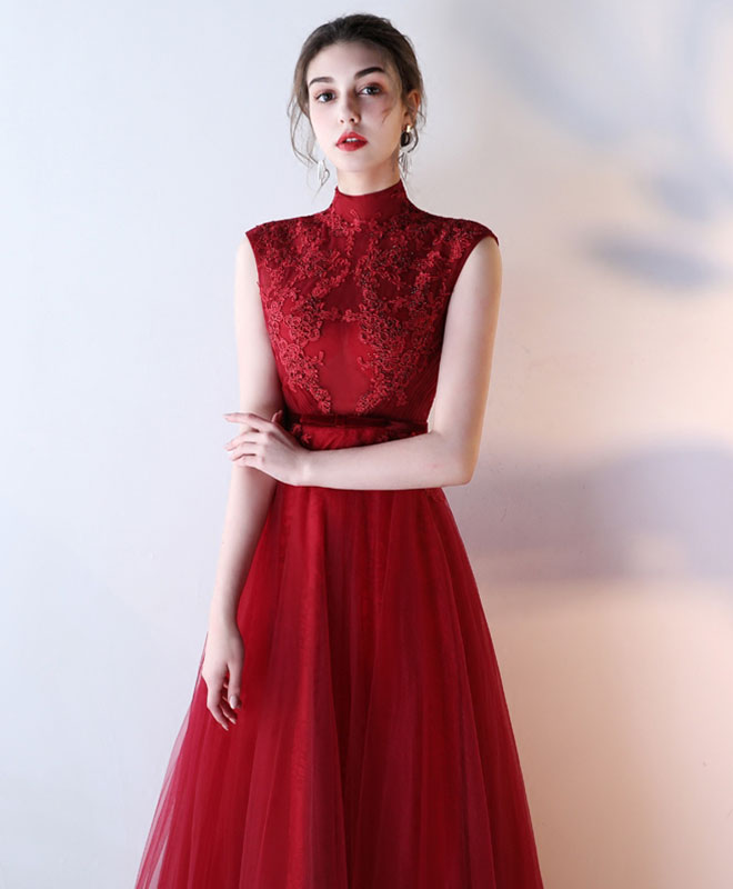 Burgundy Lace Tulle Long Prom Dress, Burgundy Evening Dress