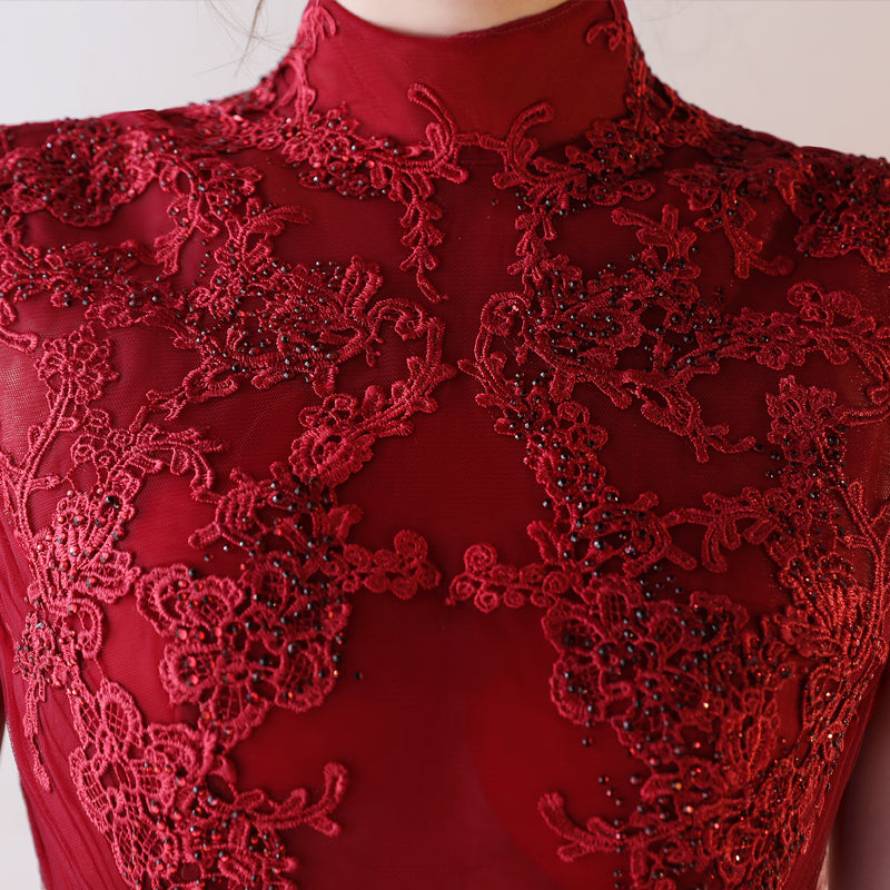 Burgundy Lace Tulle Long Prom Dress, Burgundy Evening Dress