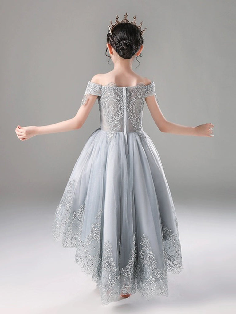 A-Line Gray Tulle Lace High Low Flower Girl Dress